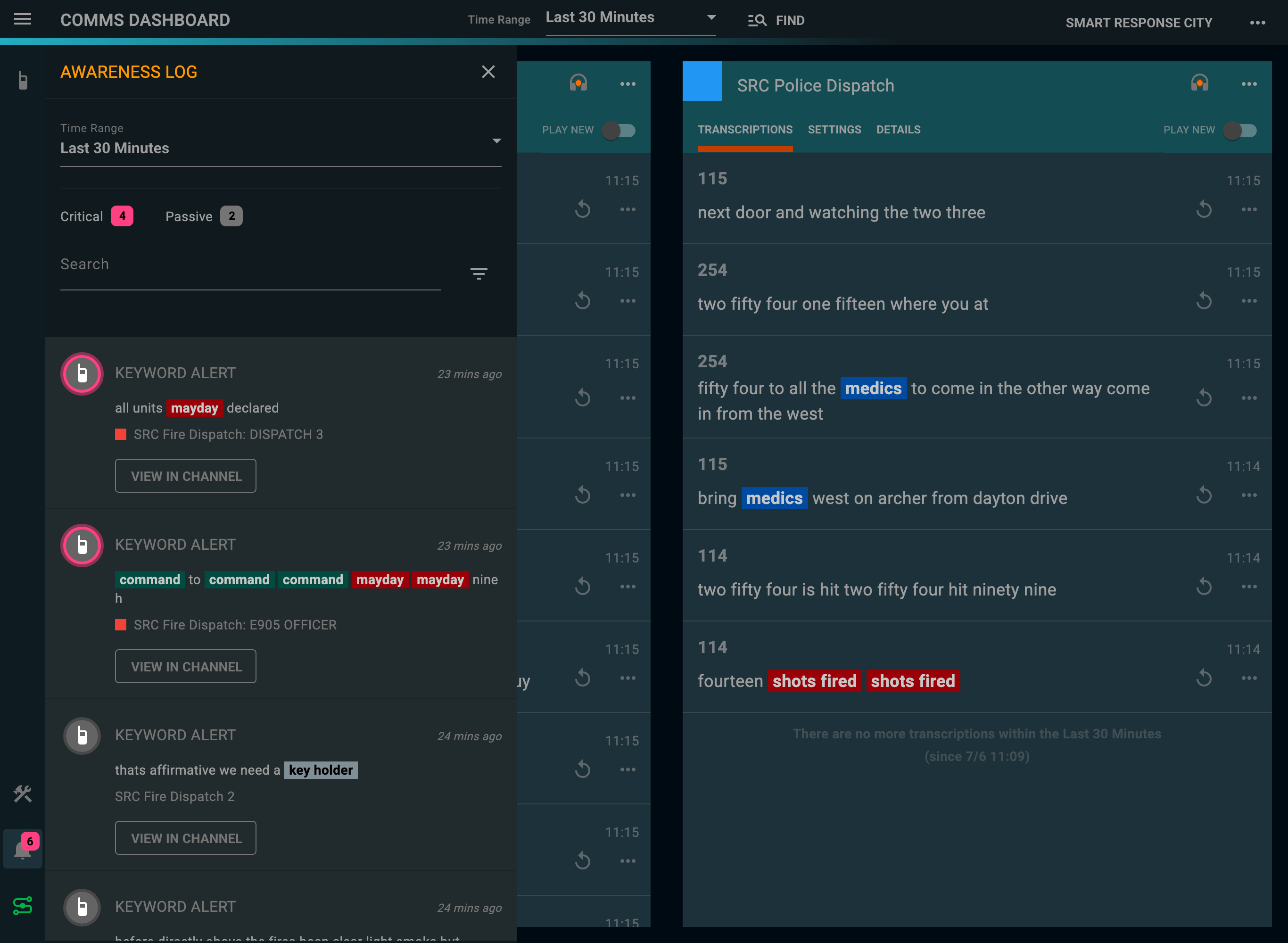 Delphini alert log showing triggered keyword events across multiple channels, with transcription context, source attribution, and time stamps