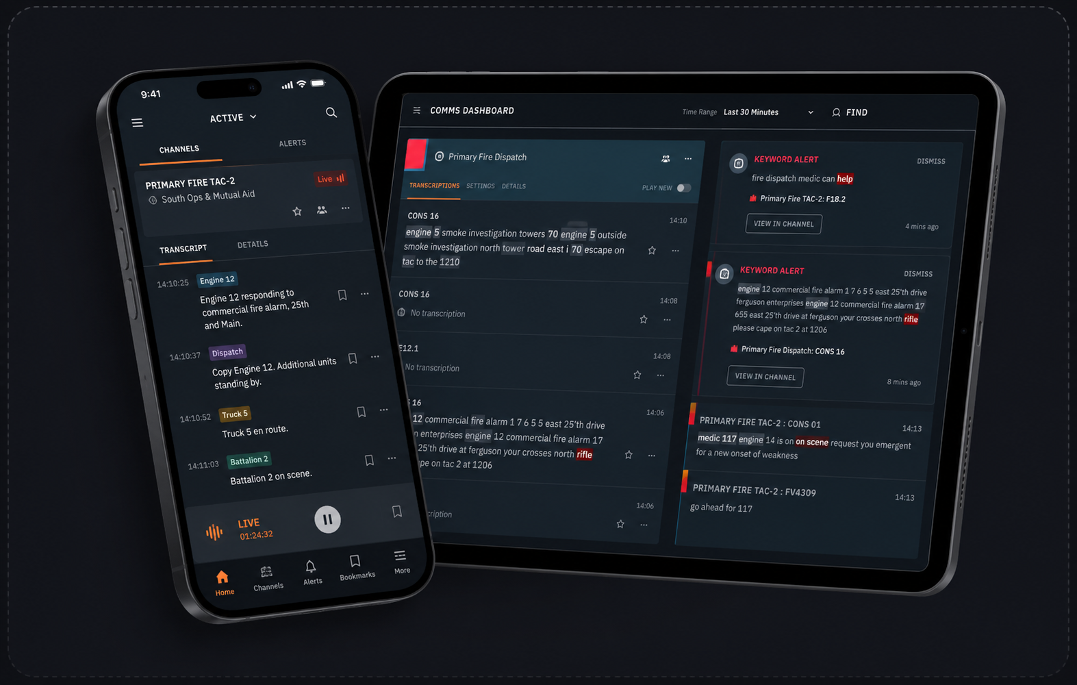 Delphini mobile app showing live radio feed, alert notifications, and enterprise awareness on smartphone and tablet devices