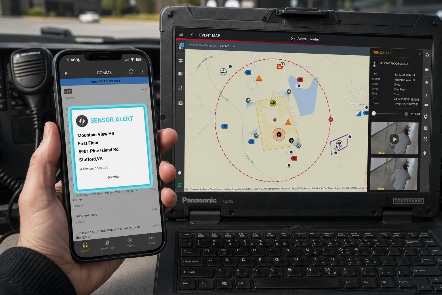 School Safety Shared Awareness View — integrated dashboard showing panic alarm, acoustic detection, radio transcription, and responding unit context for school and PSAP teams
