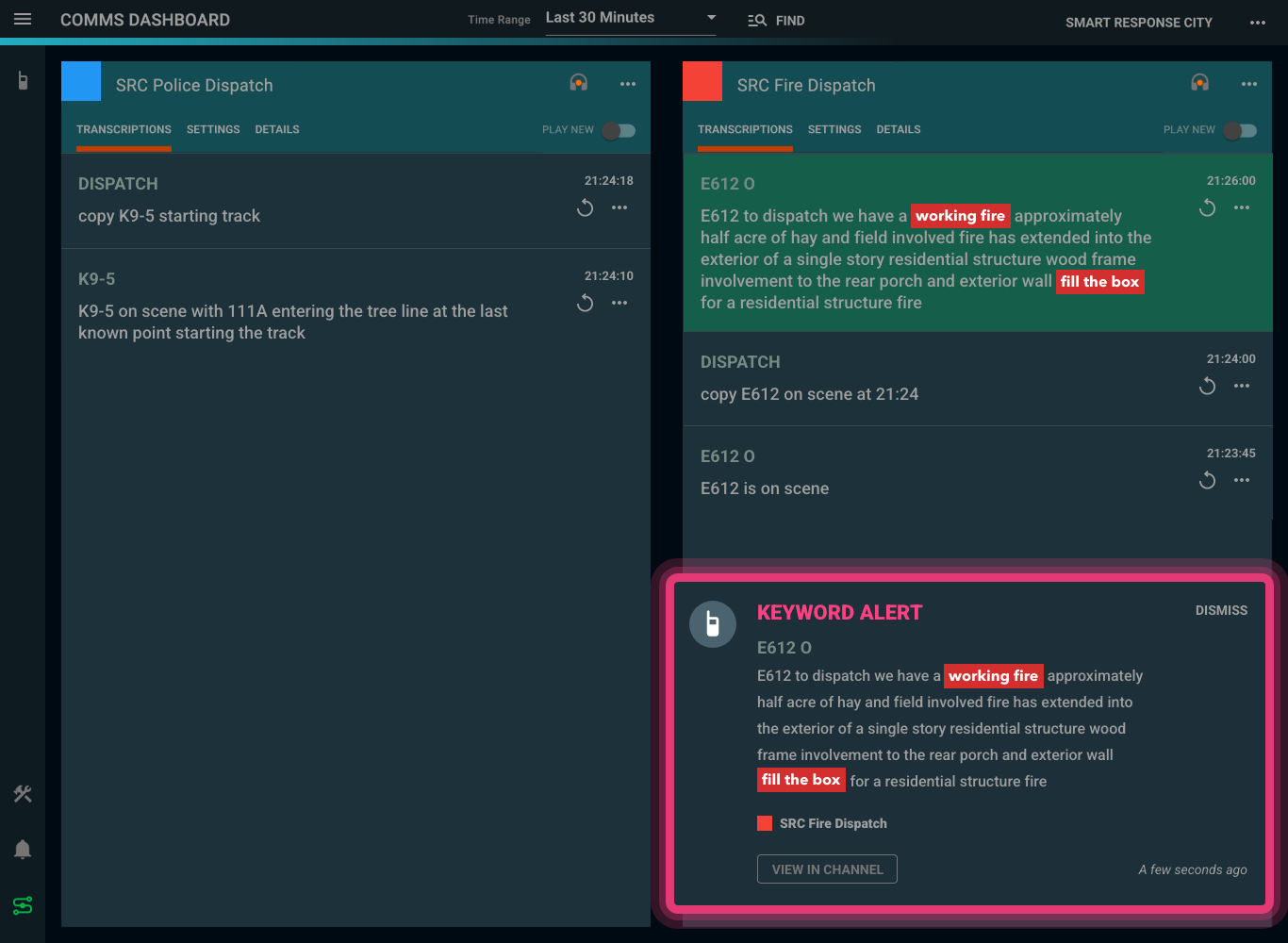 Delphini live radio transcription dashboard showing keyword alerts