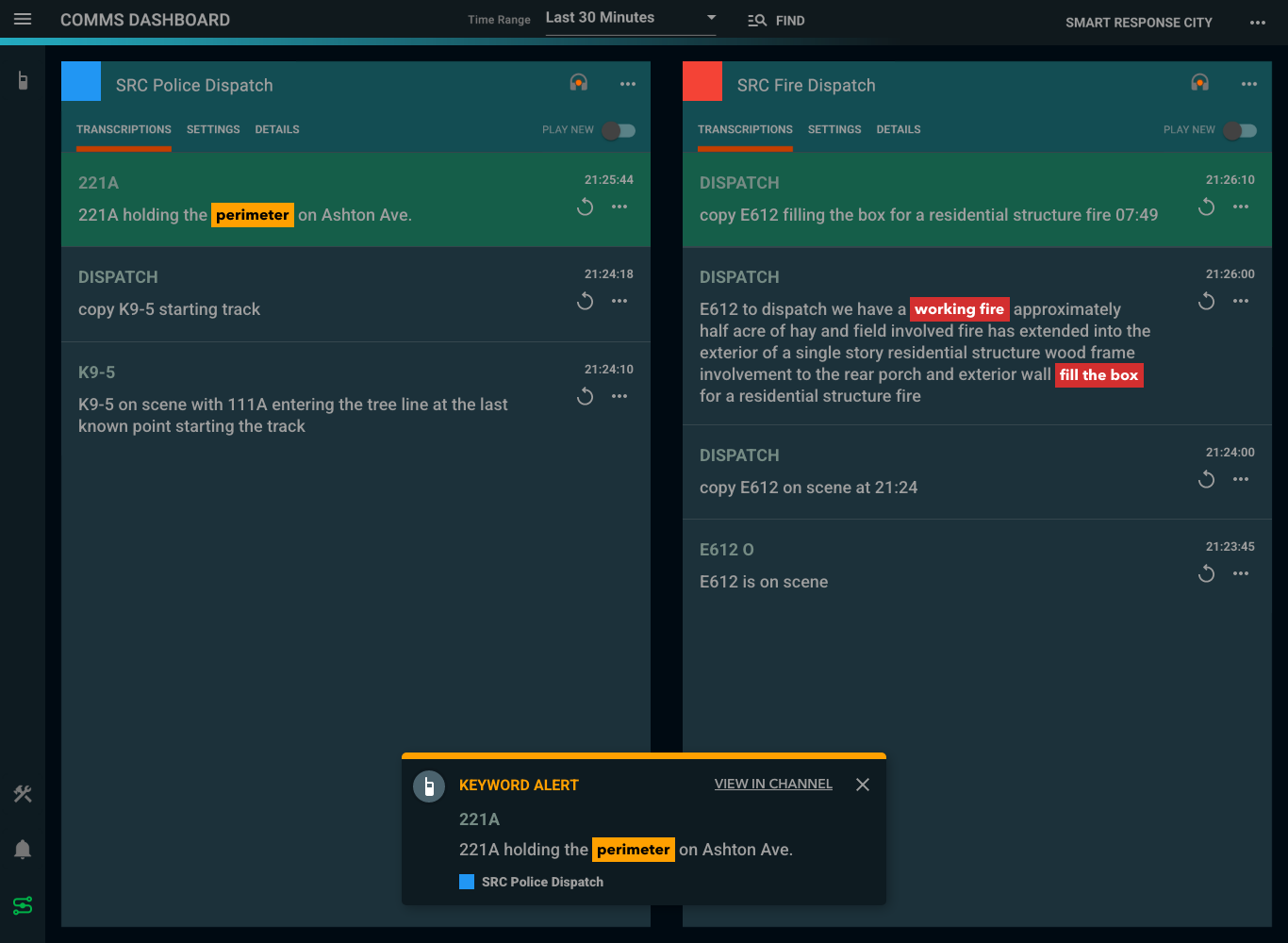 Delphini live radio transcription dashboard showing keyword alerts