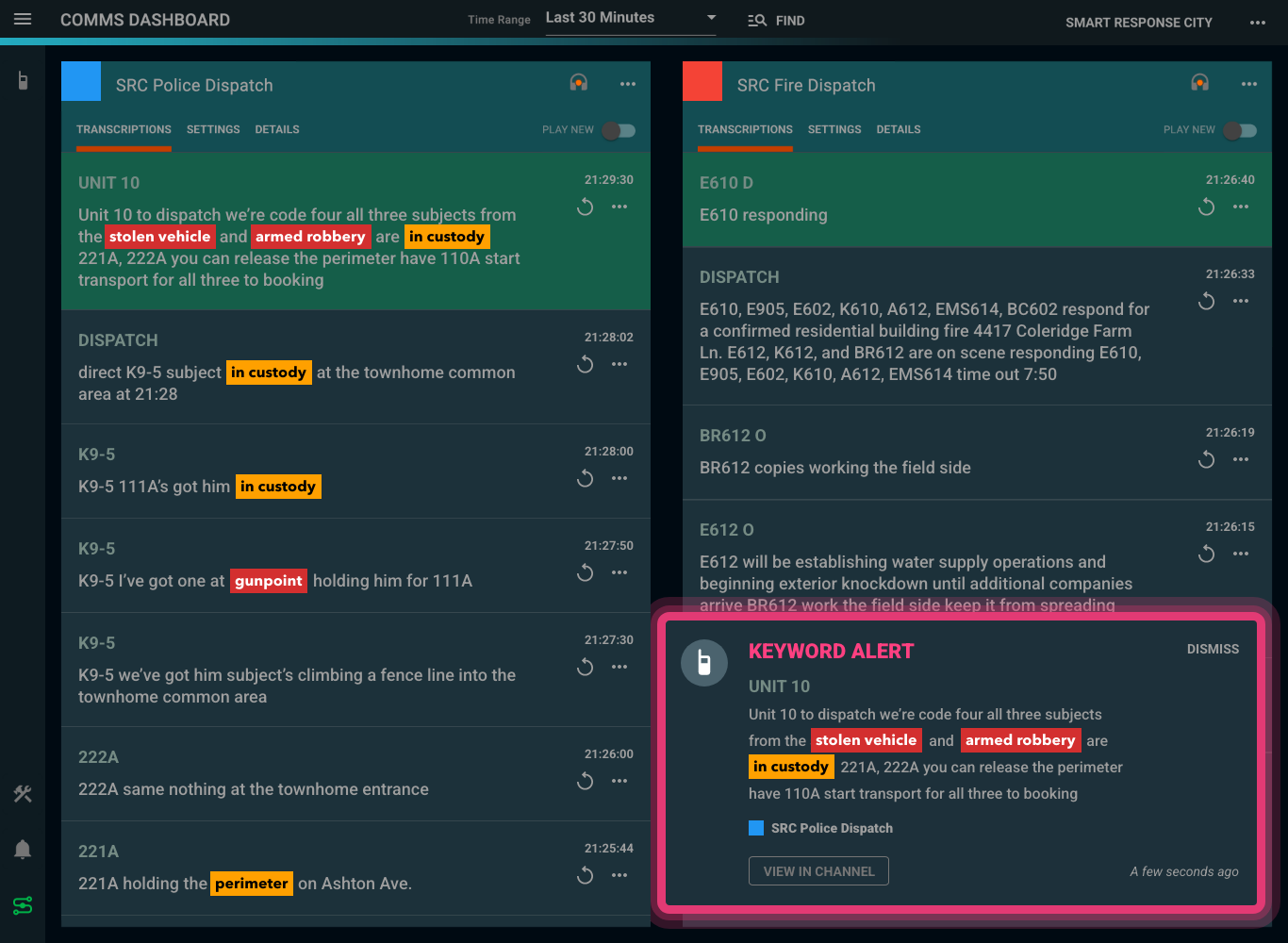 Delphini live radio transcription dashboard showing keyword alerts