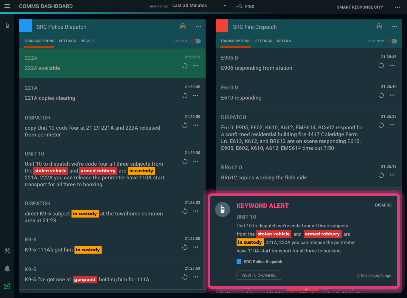 Delphini live radio transcription dashboard showing keyword alerts